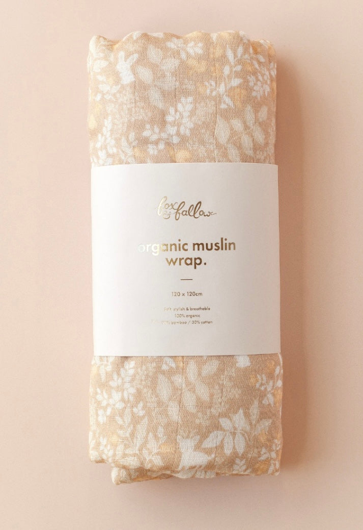 Forest Friends Caramel Organic Muslin Wrap Swaddle